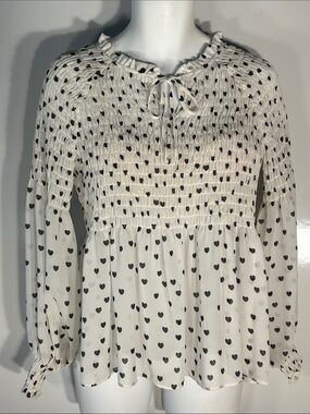 Rose & Olive SZ M Smocked Heart Print Peasant Blouse Coquette Fairy Cottage